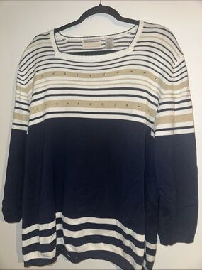 Alfred Dunner Navy, Cream & Gold Stripe Sweater